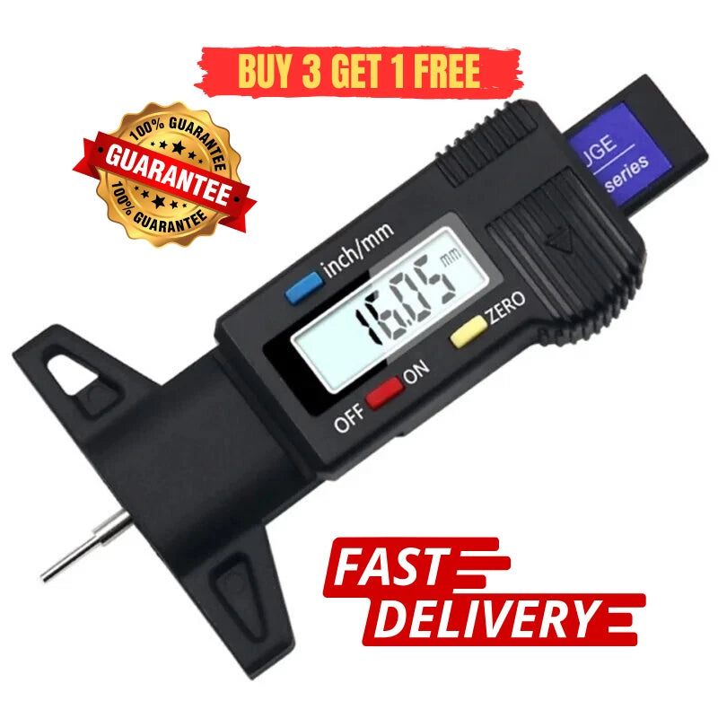 Digital tyre tread depth gauge with large LCD display and ABS plastic body for precise tire measurements