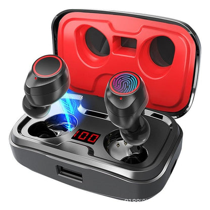 Black wireless Bluetooth headset earbuds with digital display and long battery life