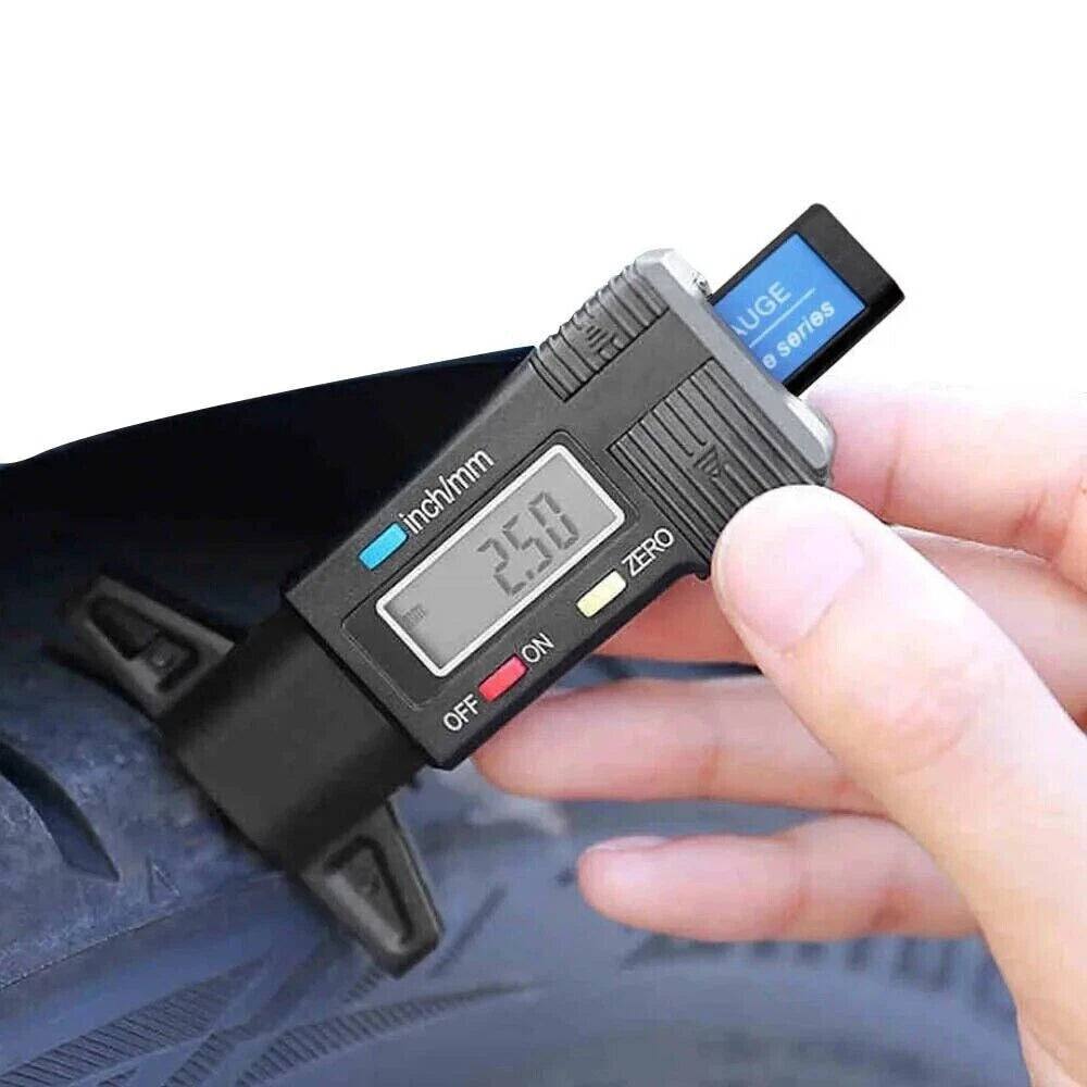 Black Digital Tyre Tread Depth Gauge with large LCD display measuring tire tread depth and brake pad wear
