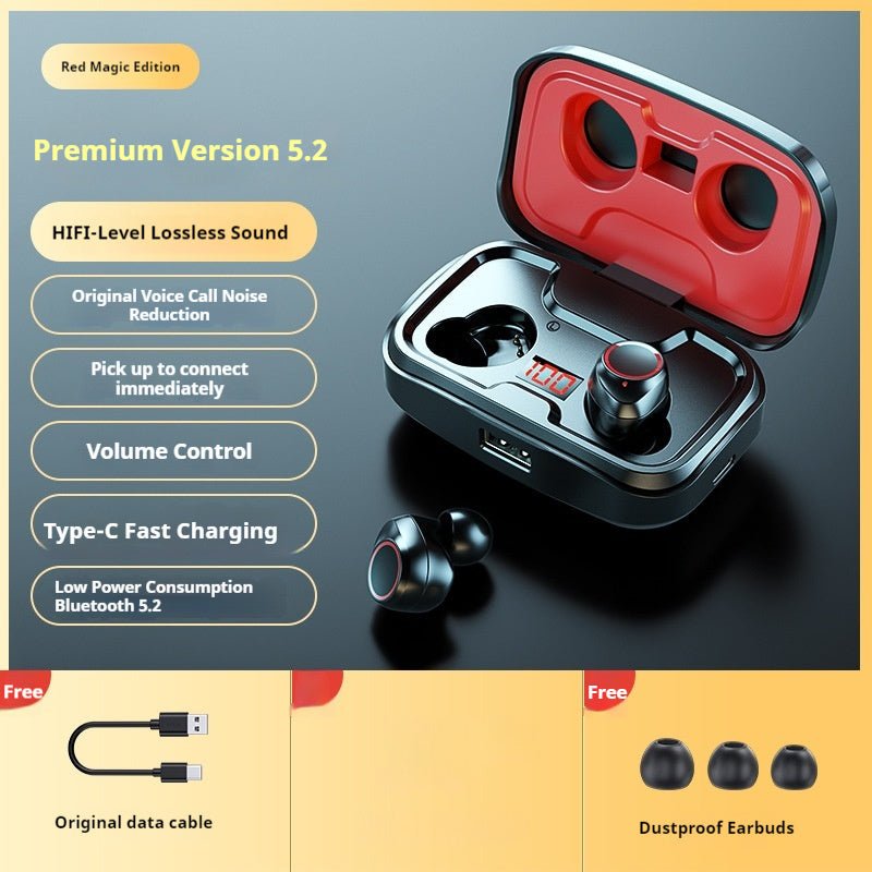 Black wireless Bluetooth headset earbuds with digital display and long battery life in a creative in-ear design