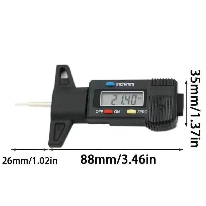 Digital Tyre Tread Depth Gauge measuring tool with large LCD and galvanic iron probe for car, van, and truck tires.